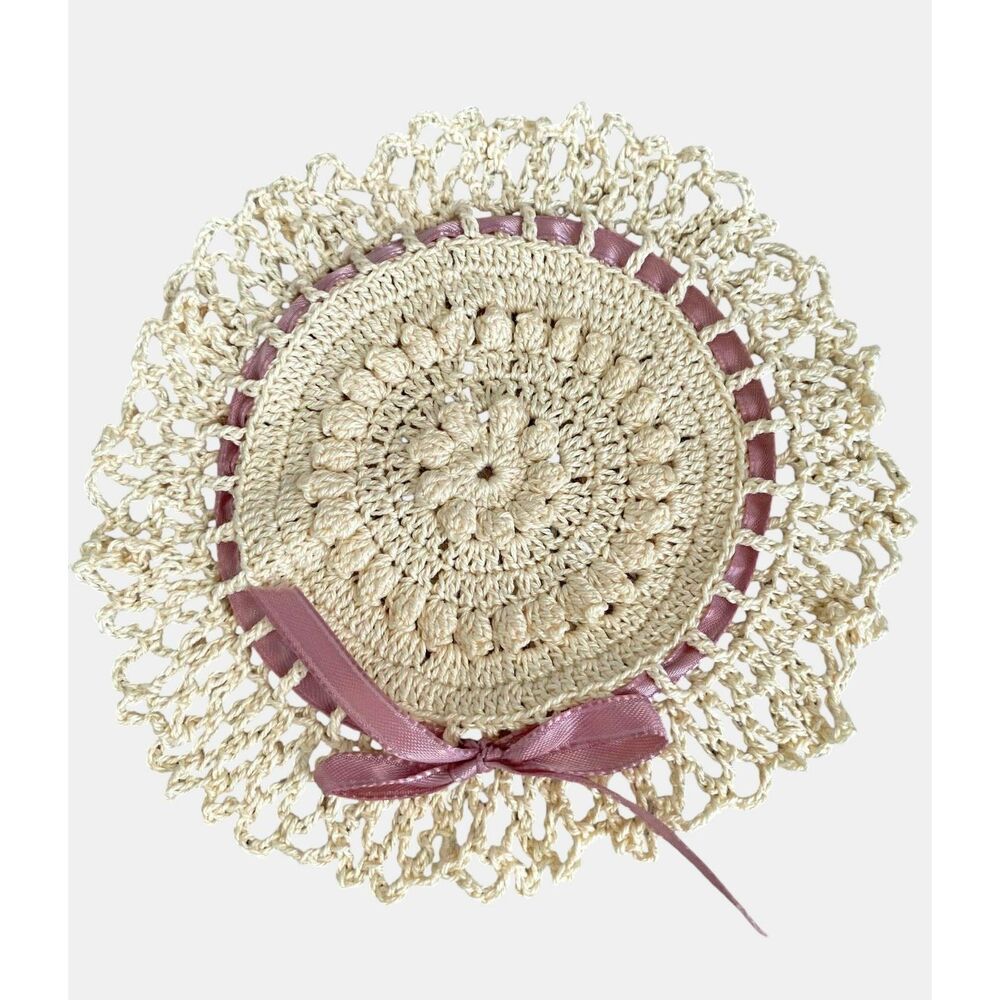 Vintage Beige & Blush Pink Crochet Doily Shabby Chic Cottage Core Coquette